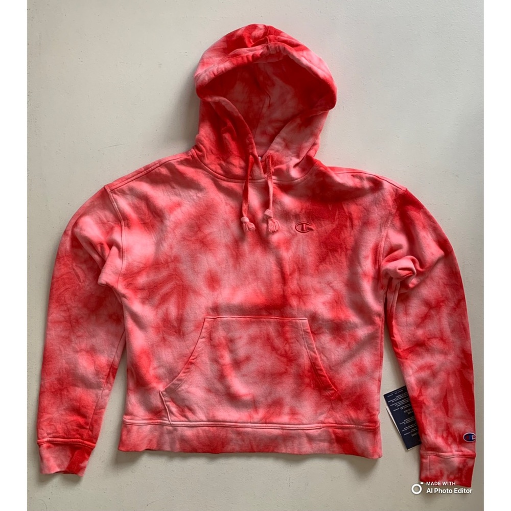 Champion Size XS Hoodie Sweatshirt in Coral Pink Tie-Dye NWT